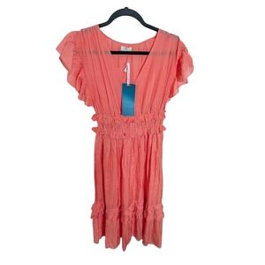 Guadalupe Coral Ruffle V Neck‎ Smocked Waist Midi Dress Women's Size S NEW